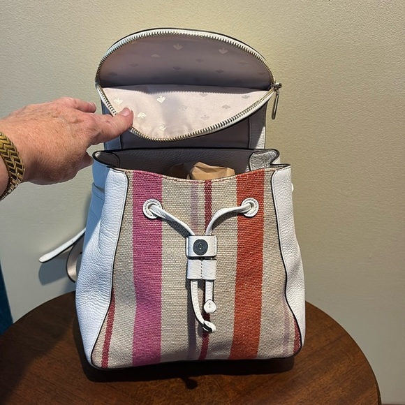 Kate Spade. Backpackl  Small  striped tweed.  White leather  Pocket in flap EUC. - Picture 17 of 17